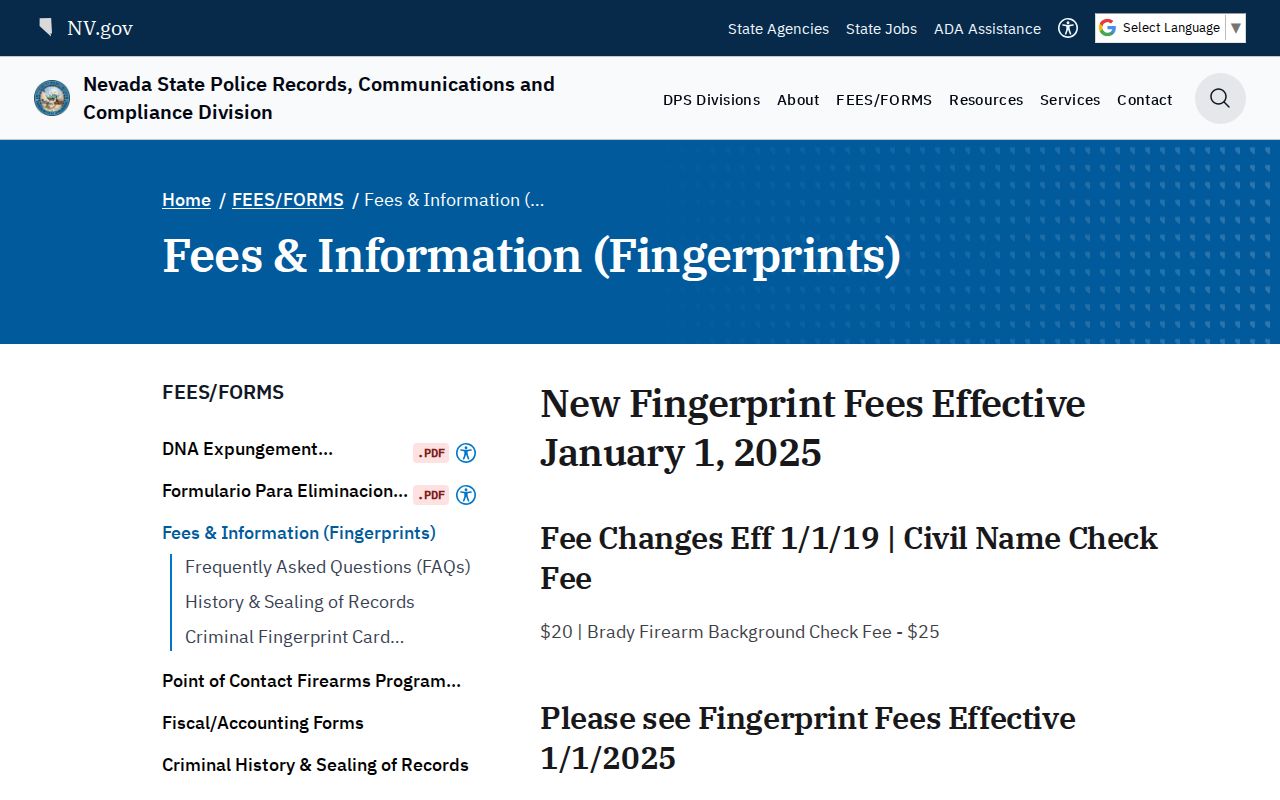 Current Nevada fingerprint forms and fees for Humboldt County records